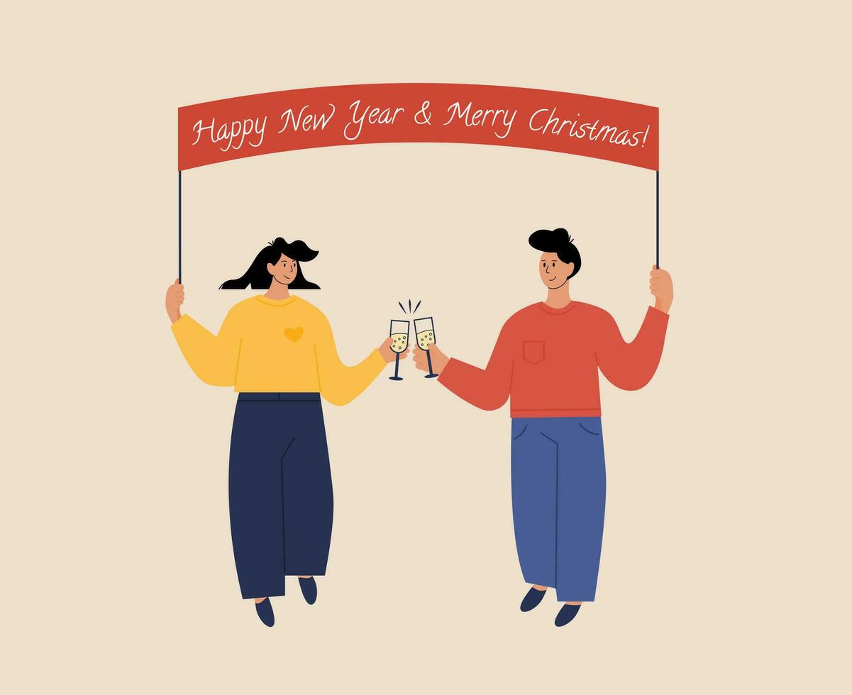 amantes tendo uma champanhe e tilintar óculos. uma casal comemoro Natal junto. feliz homens e mulheres em Novo ano festa segurando bandeira com capturar. vetor ilustração. feriado cumprimento cartão.