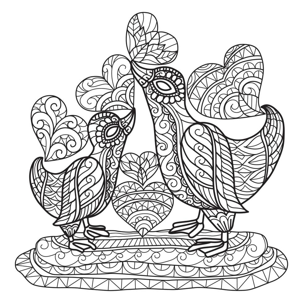 mãe pato e filho desenhados à mão para livro de colorir adulto vetor