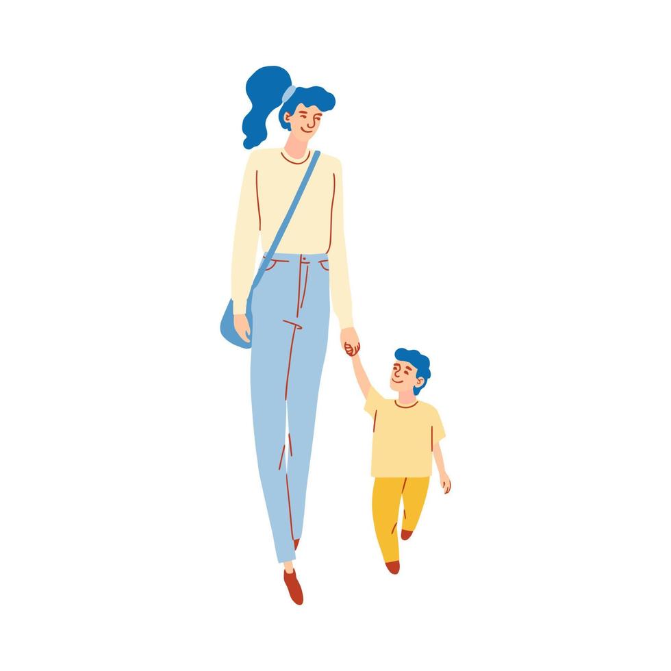 ilustração vetorial colorida de mãe caminhando com filho isolado no fundo branco vetor