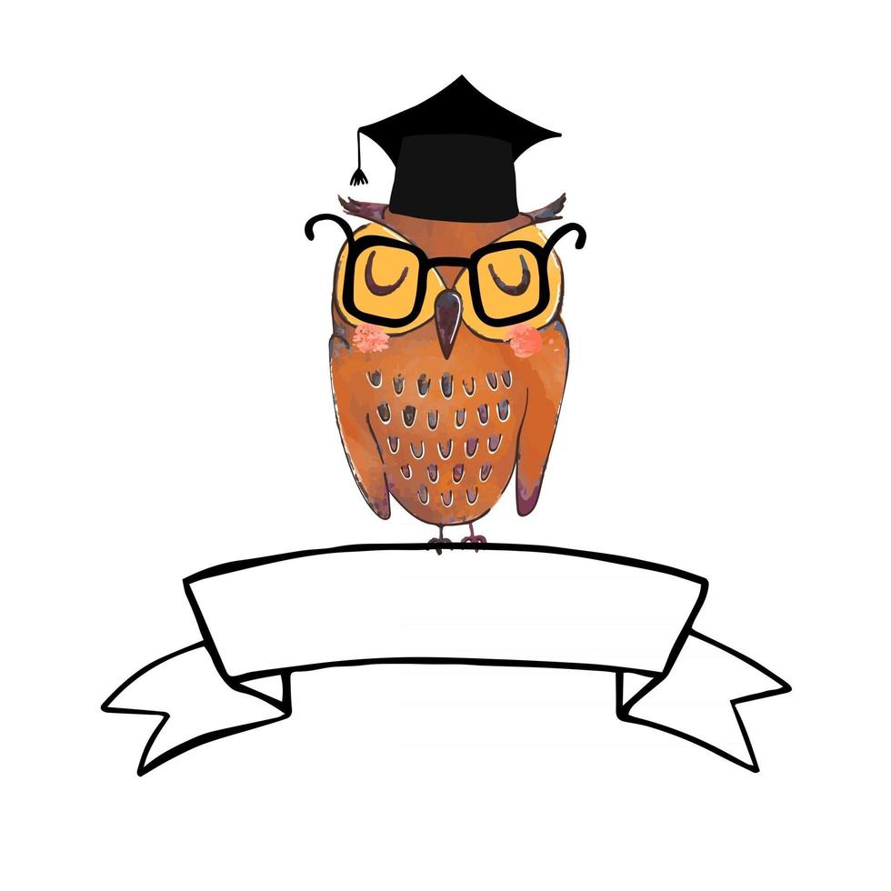 ilustração vetorial colorida de coruja bonita em chapéu de pós-graduação e faixa de faixa de opções vetor