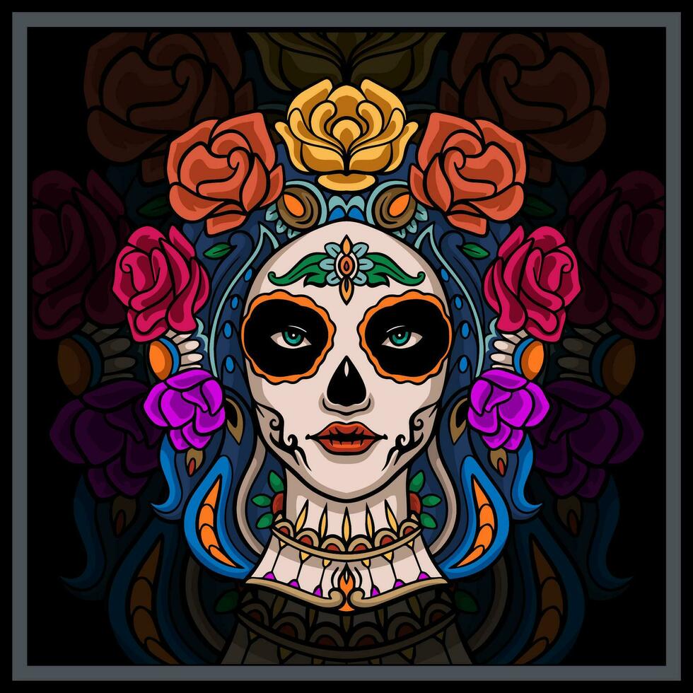 colorida calavera menina cabeça mandala artes. vetor