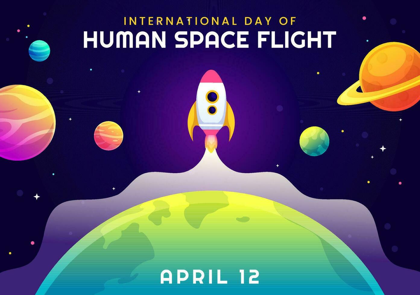 internacional dia do humano espaço voar vetor ilustração em 12 abril com astronauta em pé em a lua, transmissor satélites e planetas