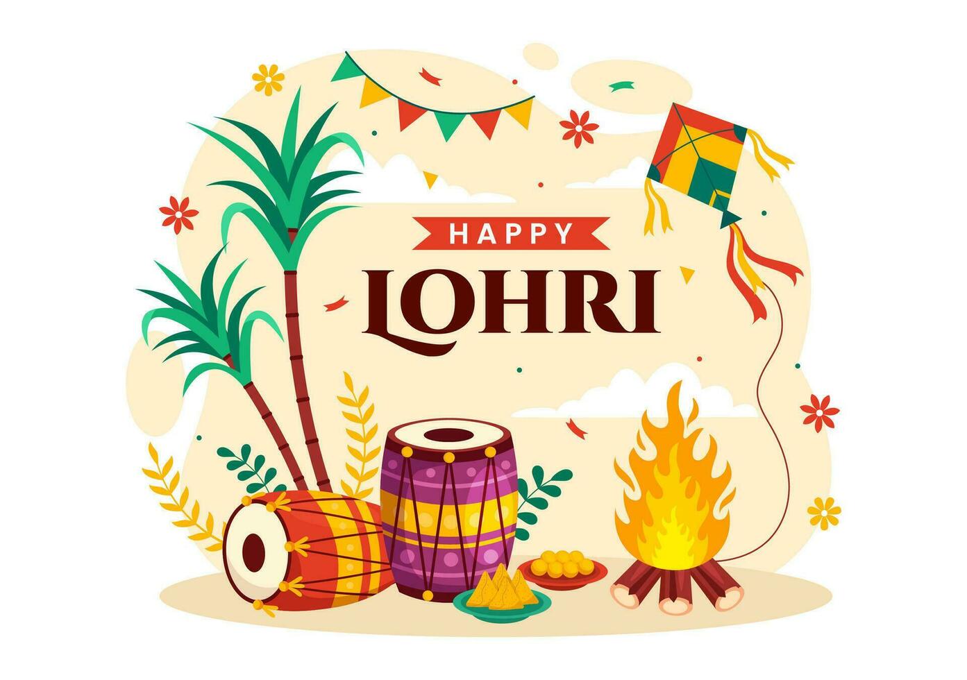 feliz Lohri festival do punjab Índia vetor ilustração do jogando dança e celebração fogueira com bateria e pipas dentro plano desenho animado fundo