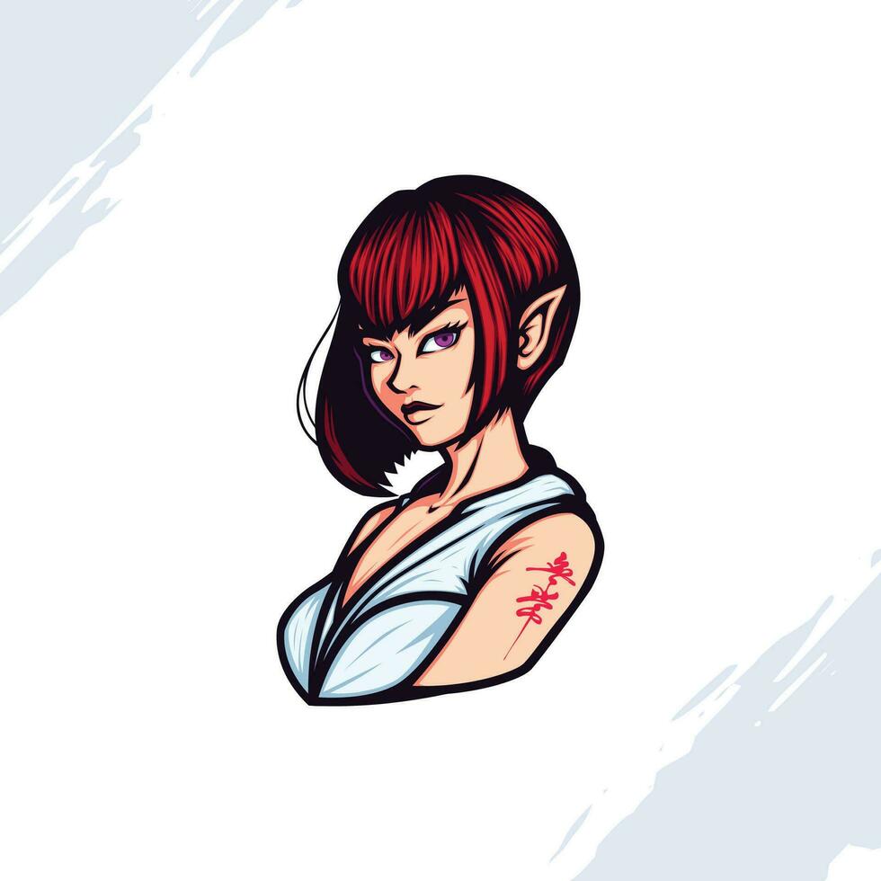 mascote logotipo retrato do curto vermelho cabelos mulher vestindo sem mangas camisa vetor