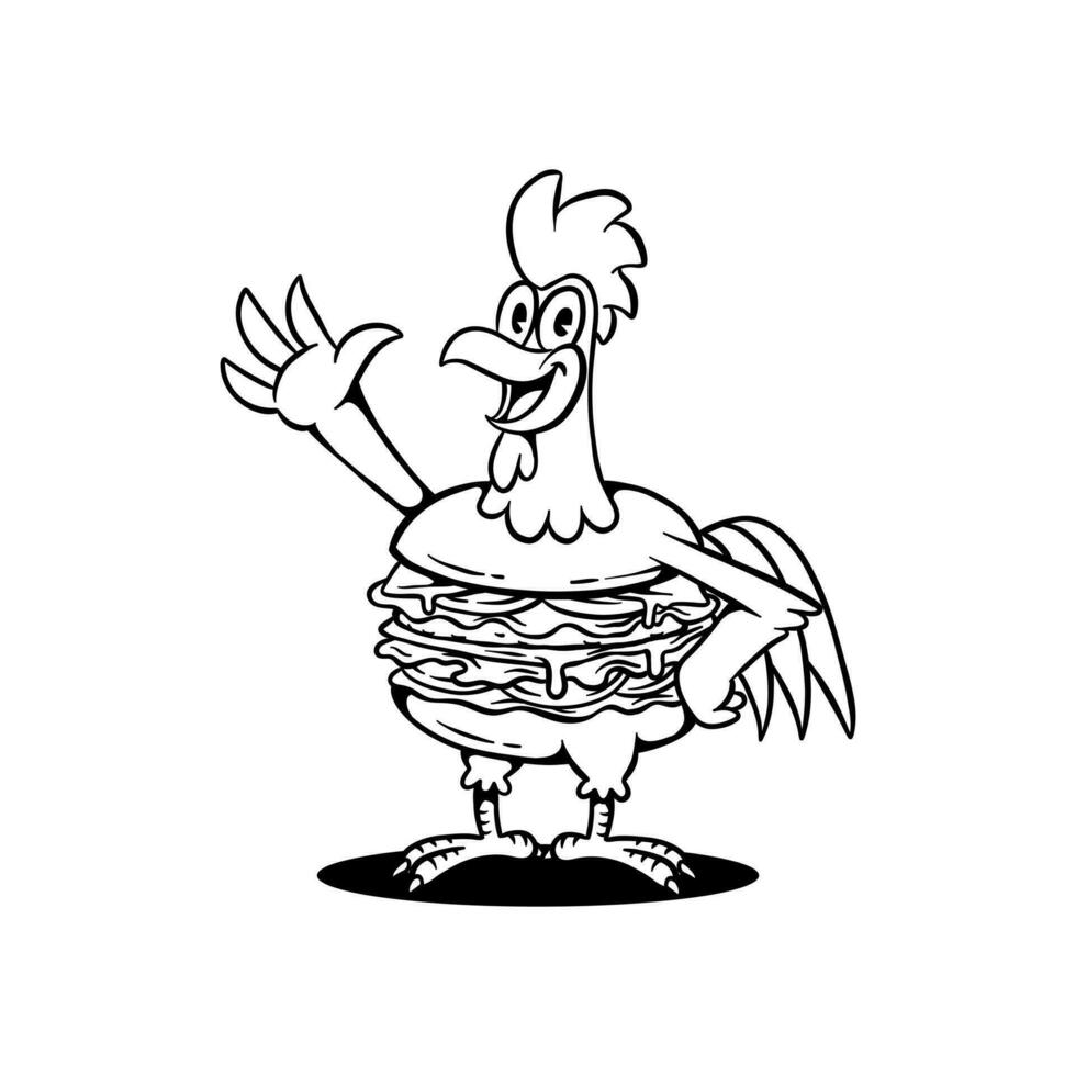 Preto e branco hamburguer frango mascote vetor