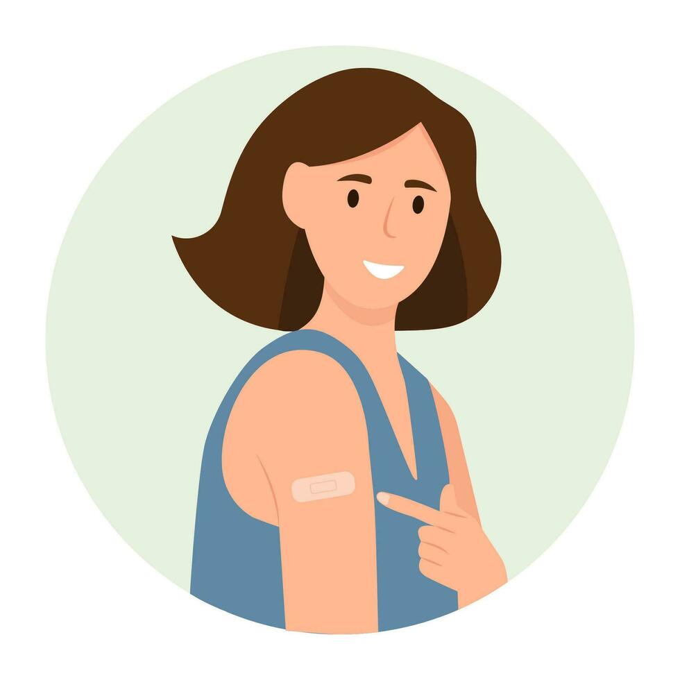 mulher mostrando dele braço com banda ajuda depois de vacina. vacina Ação, imunidade, saúde. vetor ilustração