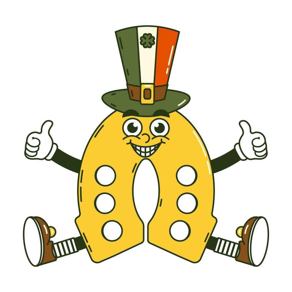 feliz santo patricks dia retro adesivo. funky groovy desenho animado personagem dourado ferradura com uma chapéu dentro a cores do a irlandês bandeira. vintage engraçado mascote fragmento psicodélico sorrir e emoção. quadrinho vetor