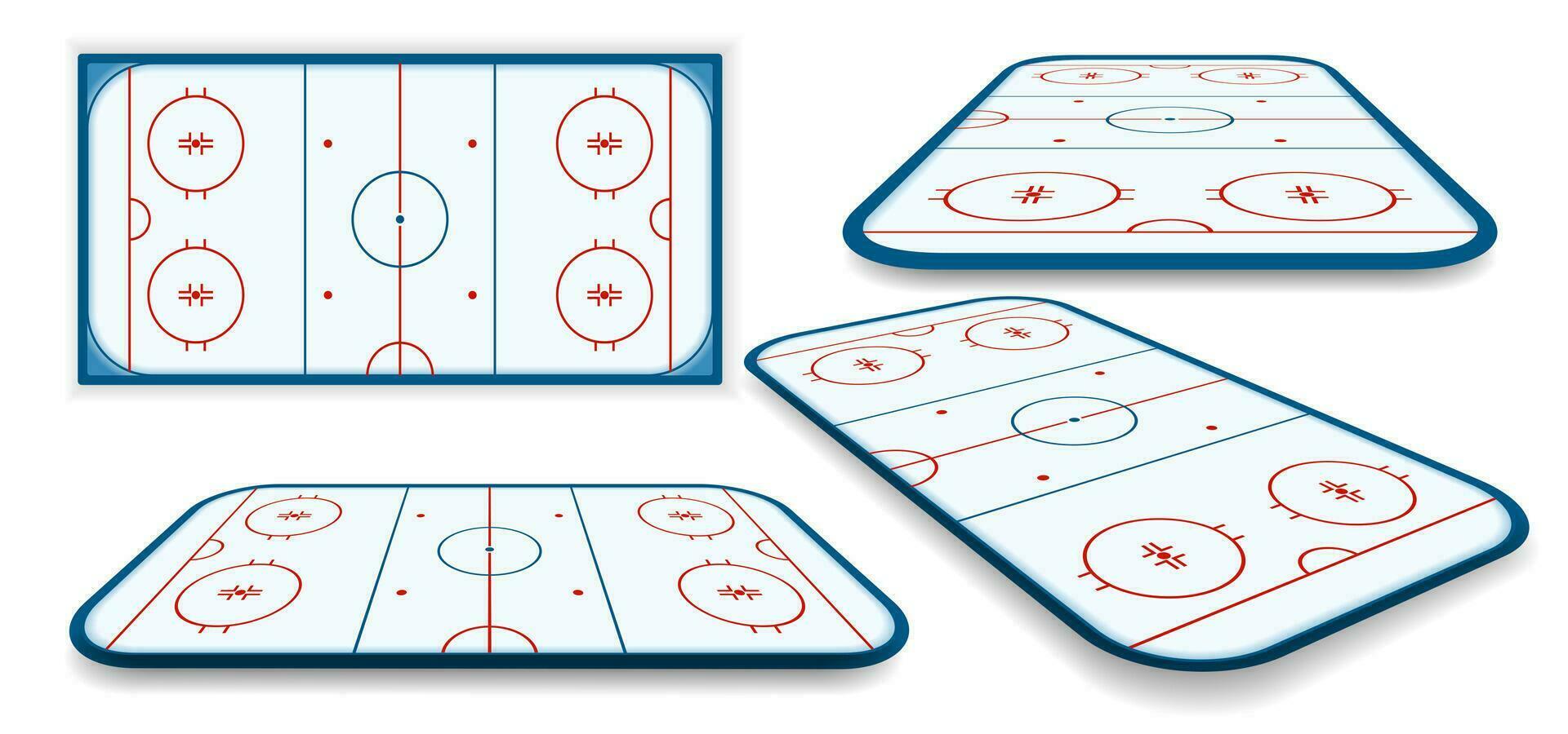 detalhado ilustração conjunto do uma Hockey no gelo pista, campo, quadra com diferente perspectivas, eps10 vetor