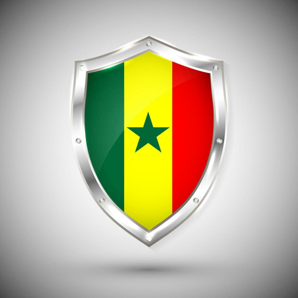 Senegal bandeira em metal brilhante escudo vetor ilustração. coleção do bandeiras em escudo contra branco fundo. abstrato isolado objeto