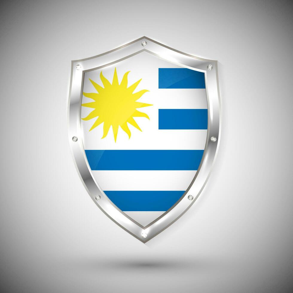 Uruguai bandeira em metal brilhante escudo vetor ilustração. coleção do bandeiras em escudo contra branco fundo. abstrato isolado objeto