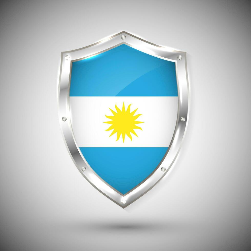 Argentina bandeira em metal brilhante escudo vetor ilustração. coleção do bandeiras em escudo contra branco fundo. abstrato isolado objeto