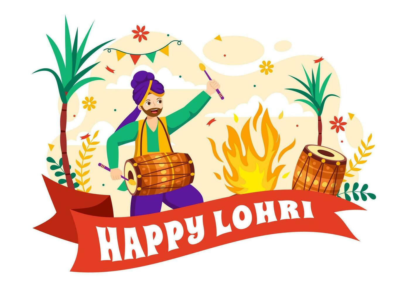 feliz Lohri festival do punjab Índia vetor ilustração do jogando dança e celebração fogueira com bateria e pipas dentro plano desenho animado fundo