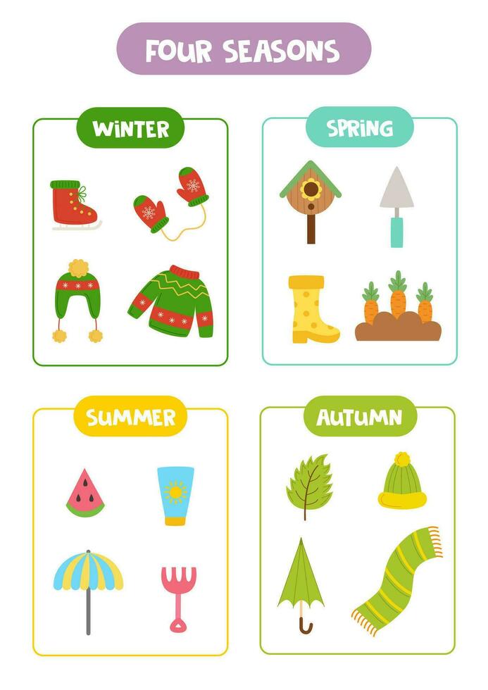 Aprendendo quatro temporadas para crianças. planilha com inverno, verão, primavera, outono. vetor