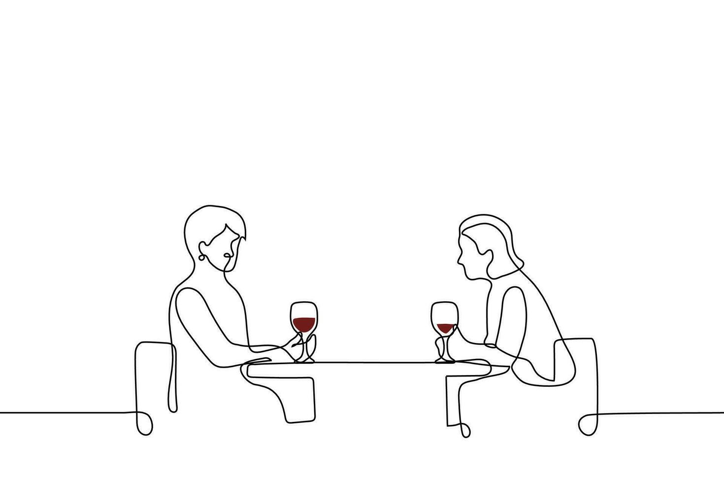 dois mulheres sentar oposto cada de outros com óculos do vermelho vinho dentro seus mãos - 1 linha desenhando vetor. melhor amigos ter uma conversação sobre uma vidro do vinho, lésbicas em uma encontro vetor