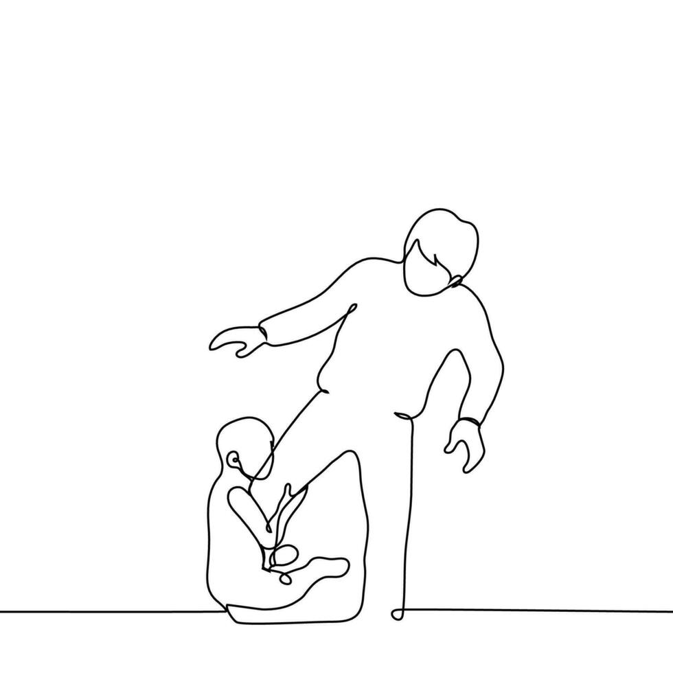 adulto homem anda em longe e uma criança trava em dele perna - 1 linha desenhando vetor. conceito do amor e anseio para a criança pai, pai folhas a família vetor