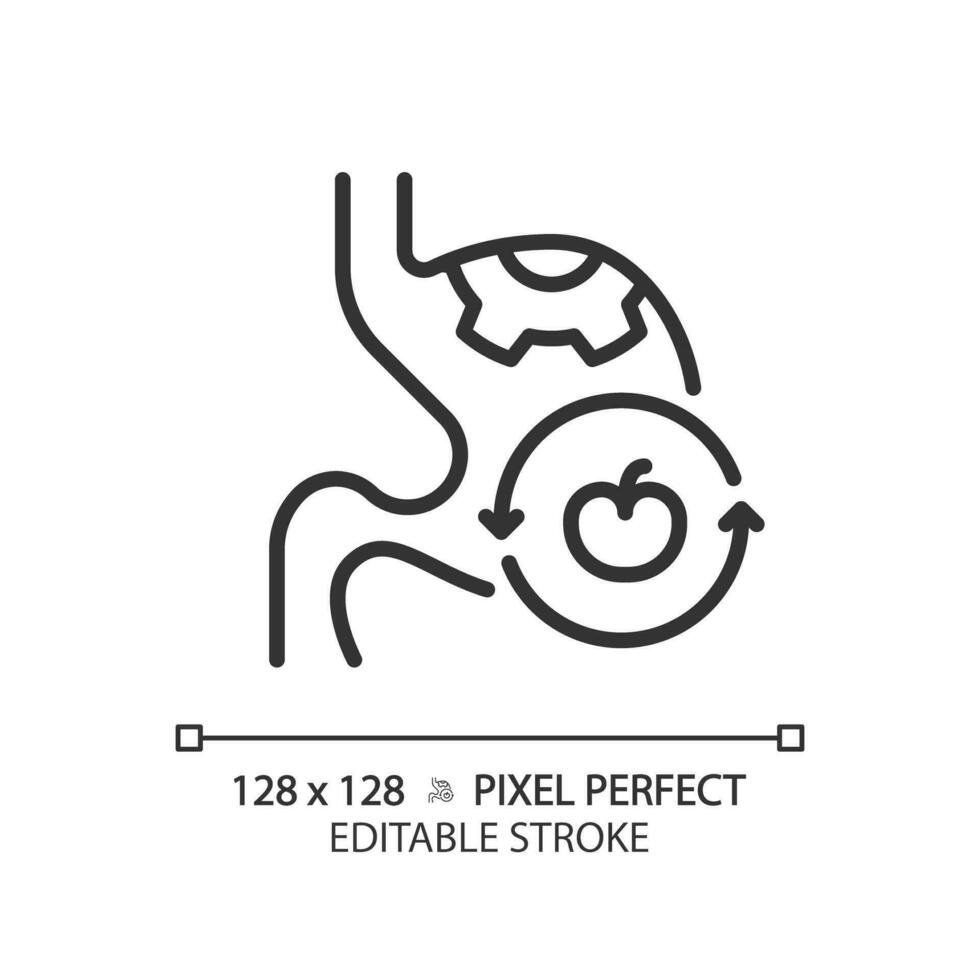 2d pixel perfeito editável Preto digestivo sistema com fruta ícone, isolado monocromático vetor, fino linha ilustração representando metabólico saúde. vetor