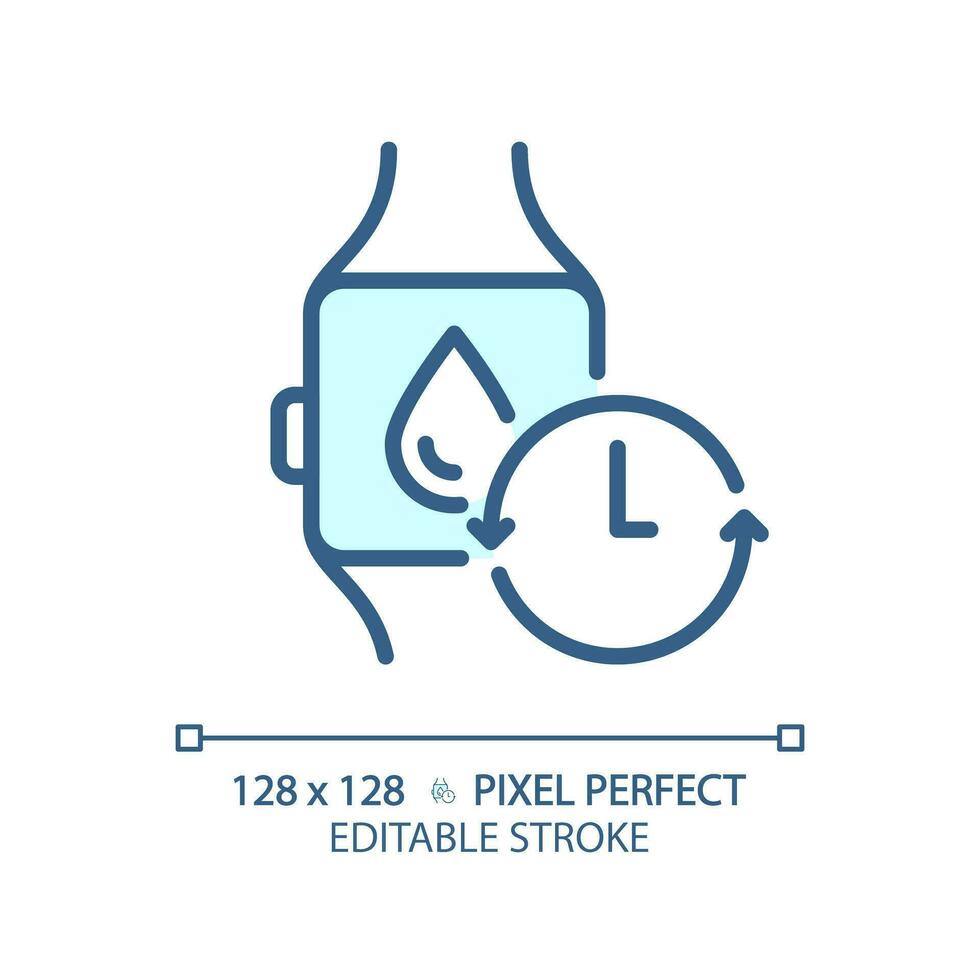 2d pixel perfeito editável azul relógio inteligente com água ícone, isolado monocromático vetor, fino linha ilustração representando metabólico saúde. vetor