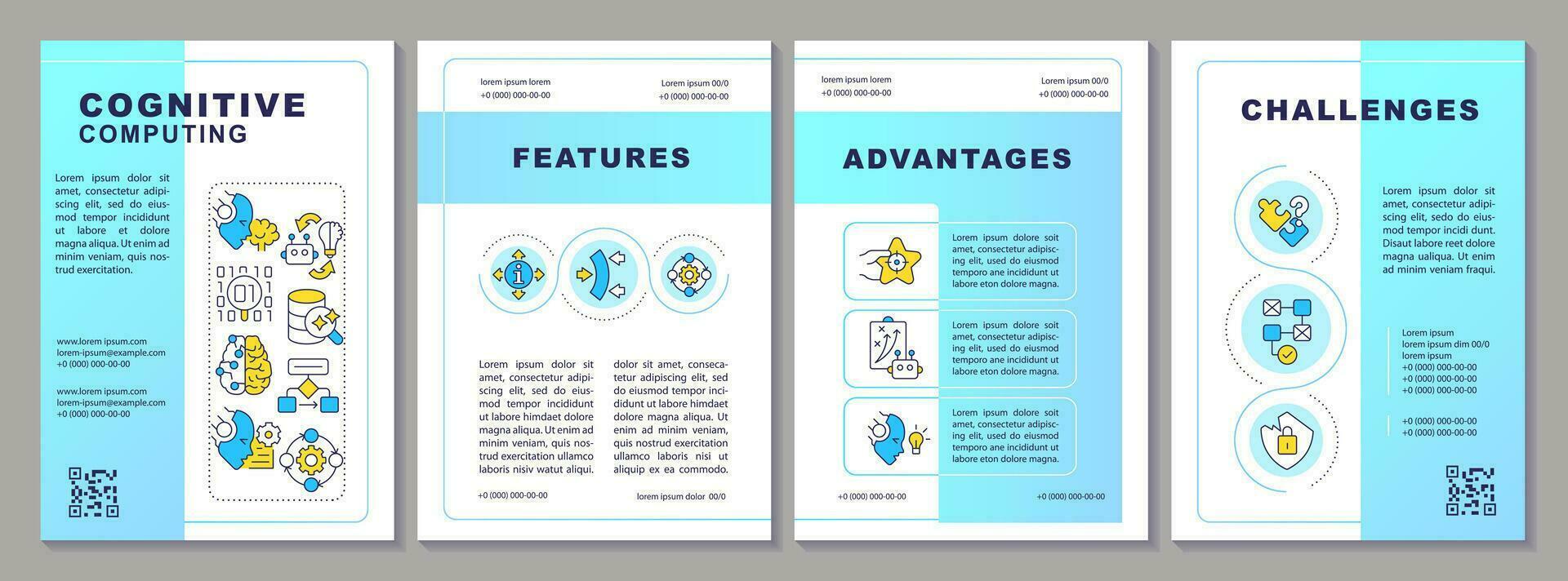 2d cognitivo Informática criativo folheto modelo, folheto Projeto com fino linha ícones, 4 vetor layouts.