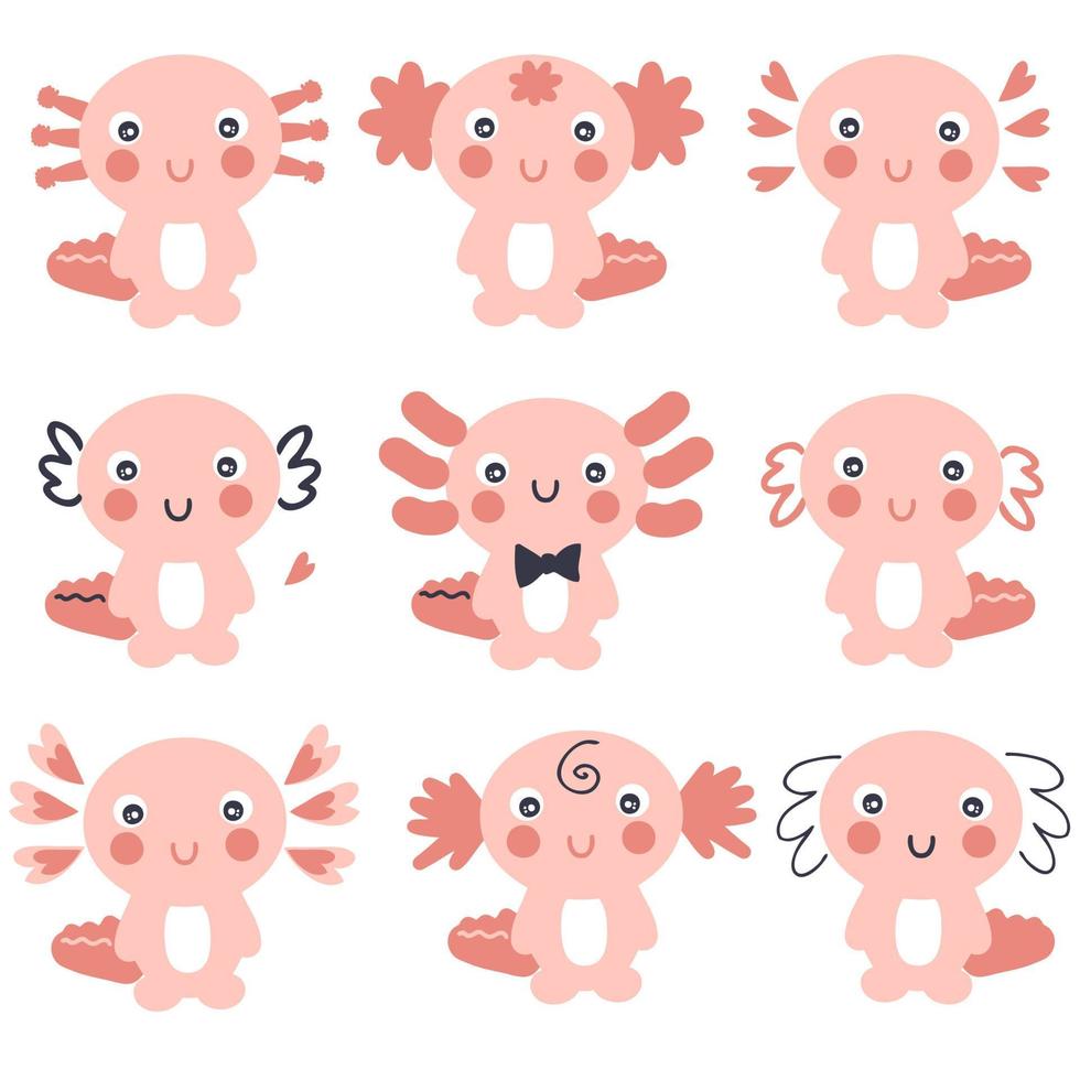 mão desenhada coleção de axolotls. conjunto de nove répteis bonitos. vetor