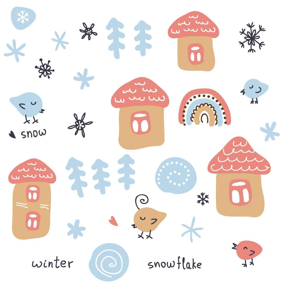 doodle coleção de inverno de casas, árvores de natal, pássaros e flocos de neve. vetor