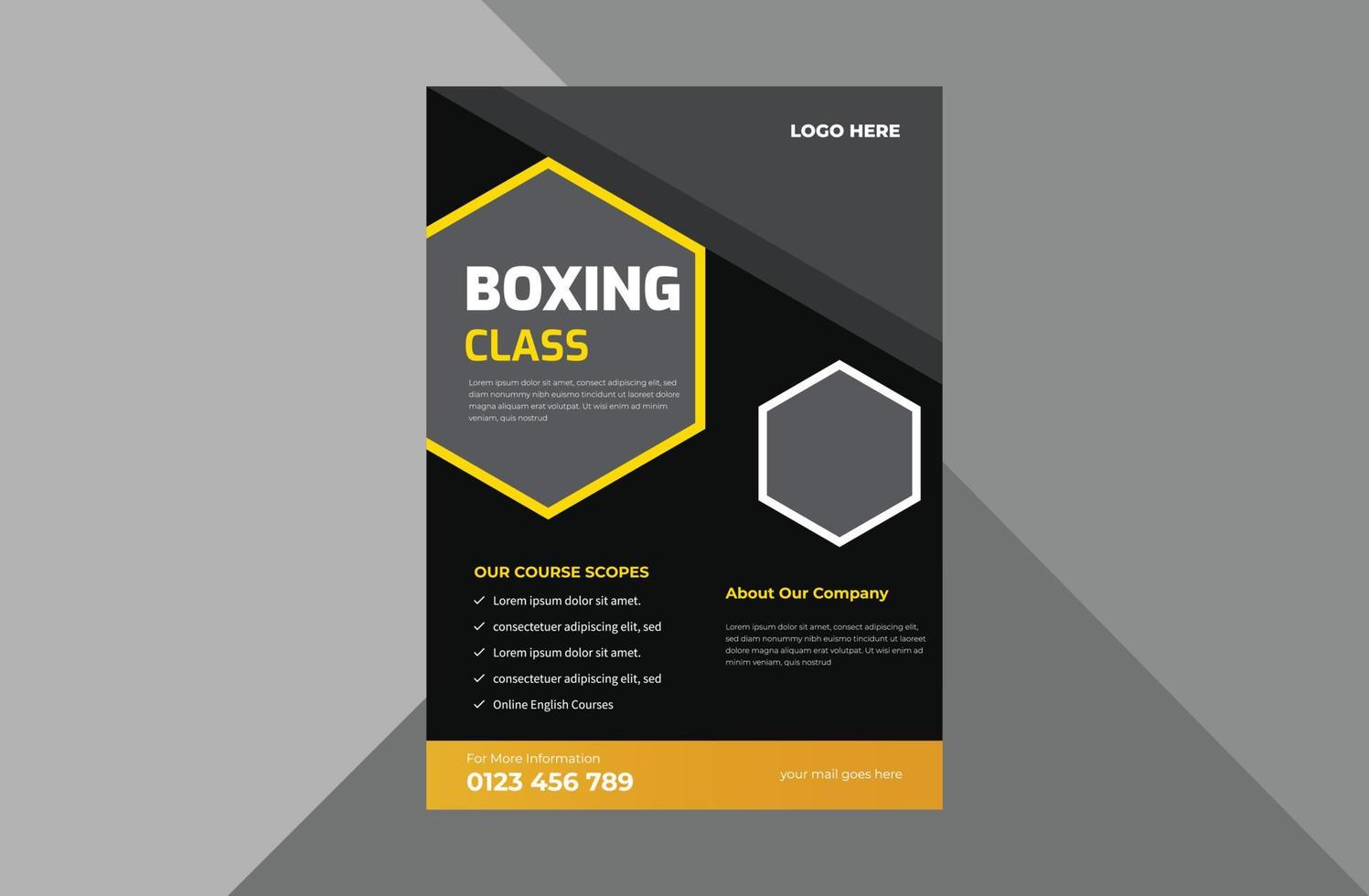 modelo de design de folheto de escola de boxe. design de folheto do cartaz de esportes de boxe. modelo a4, design de brochura, capa, folheto, cartaz, pronto para impressão vetor