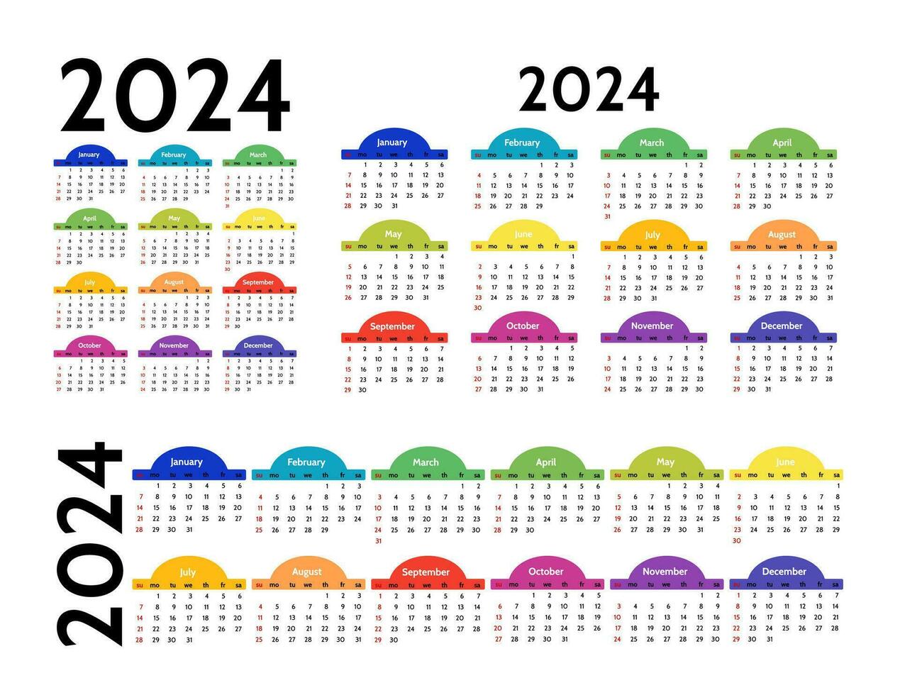 conjunto do três calendários para 2024 dentro diferente formulários isolado em uma branco fundo. domingo para segunda-feira, o negócio modelo. vetor ilustração