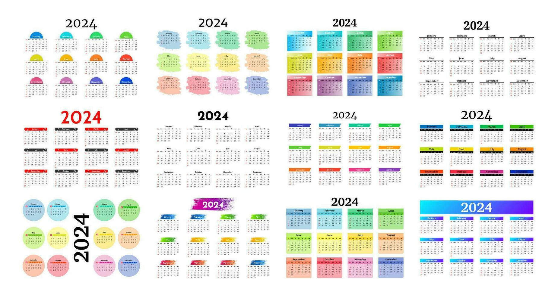 grande conjunto do calendários para 2024 isolado em uma branco fundo. domingo para segunda-feira, o negócio modelo. vetor ilustração