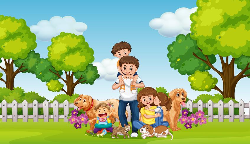 Família feliz e animais de estimação no parque vetor