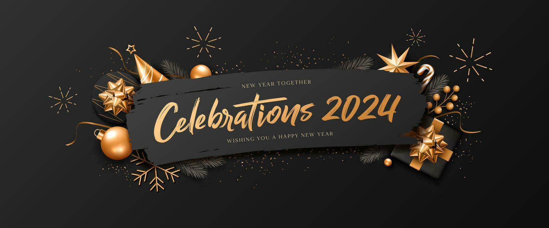 feliz Novo ano, celebrações 2024 enfeites ouro e preto, cumprimento cartão bandeira Projeto em Preto fundo, eps 10 vetor ilustração