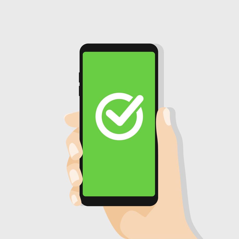 marca de seleção verde na tela do smartphone. mão segurando o smartphone. vetor