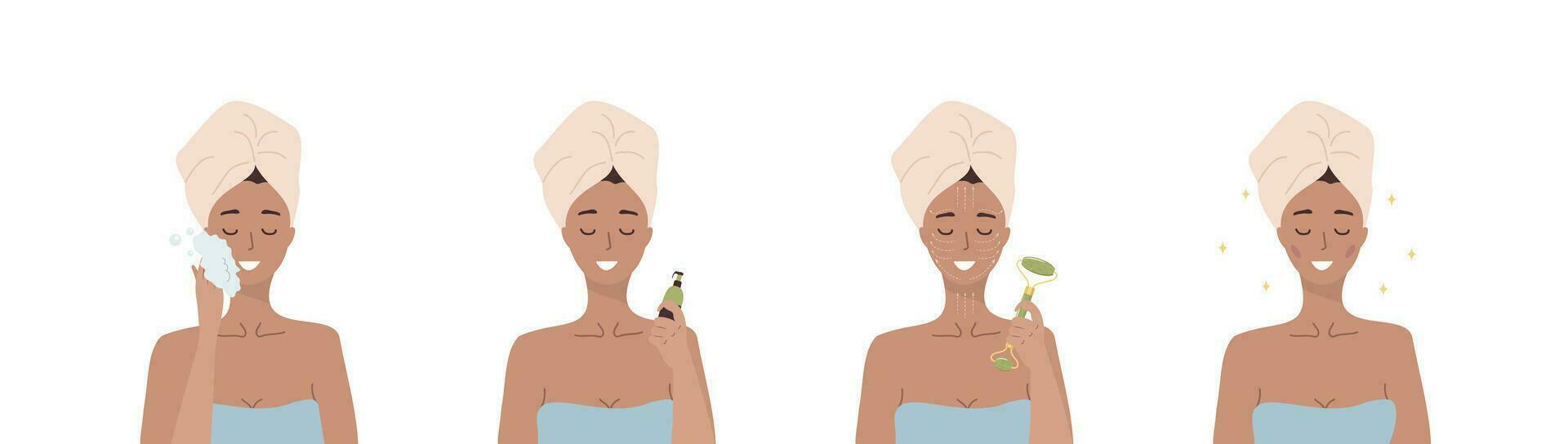 facial massagem passos. mulher Faz Cosmético spa procedimentos para face com jade nefrite rolo. manhã rotina. banho tempo. pele Cuidado conceito. orgânico produtos. vetor ilustração dentro plano desenho animado estilo