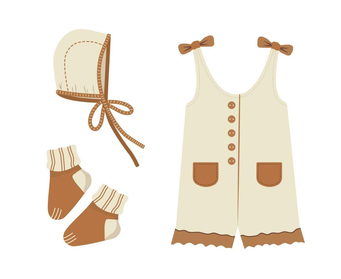 bebê boho roupas. fofa pequeno menina guarda-roupa. crianças escandinavo roupa. vetor ilustração dentro plano desenho animado estilo. vintage vestem para crianças