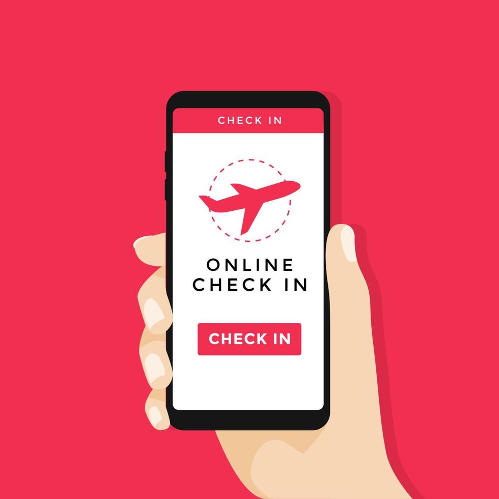 mão segurando o smartphone com o botão de check-in online e o ícone do avião na tela. vetor