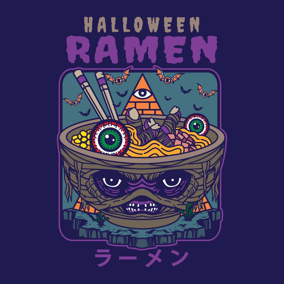 projeto de ilustração de delicioso macarrão ramen japonês na tigela com múmia de halloween estilo plano vintage. bom para logotipo, plano de fundo, camiseta, banner vetor