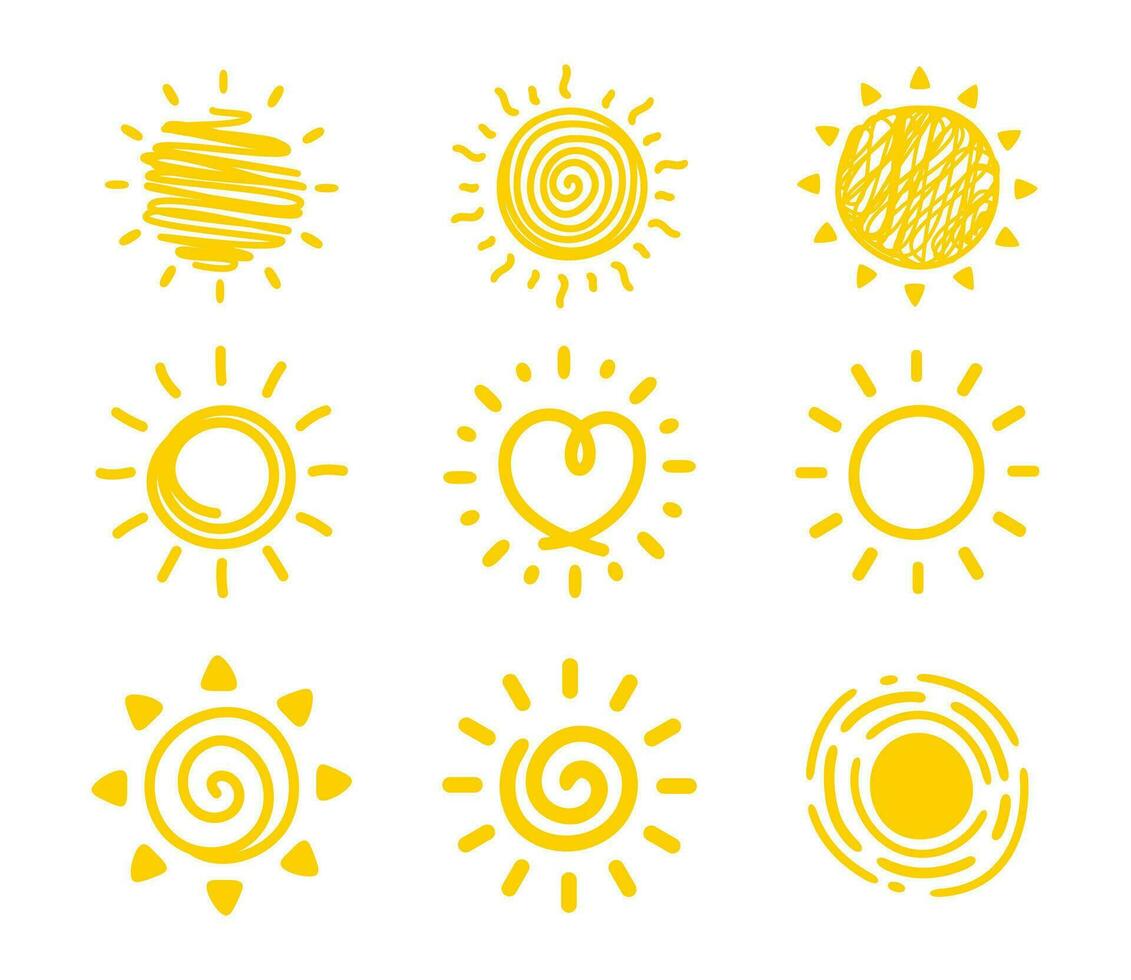 simples mão desenhado desenho animado Sol. manhã clima decorativo elementos para crianças vetor