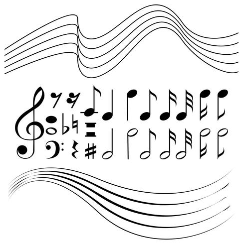 Símbolos diferentes de notas musicais e papel de linha vetor