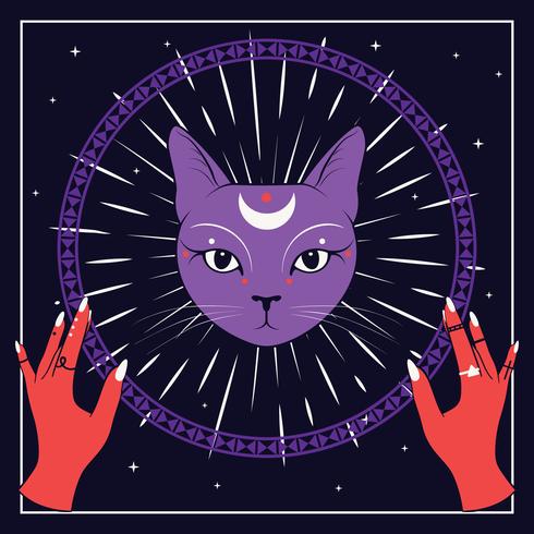 Cara violeta do gato com a lua no céu noturno com frame redondo decorativo. Mãos vermelhas. Magia, símbolos ocultos. vetor