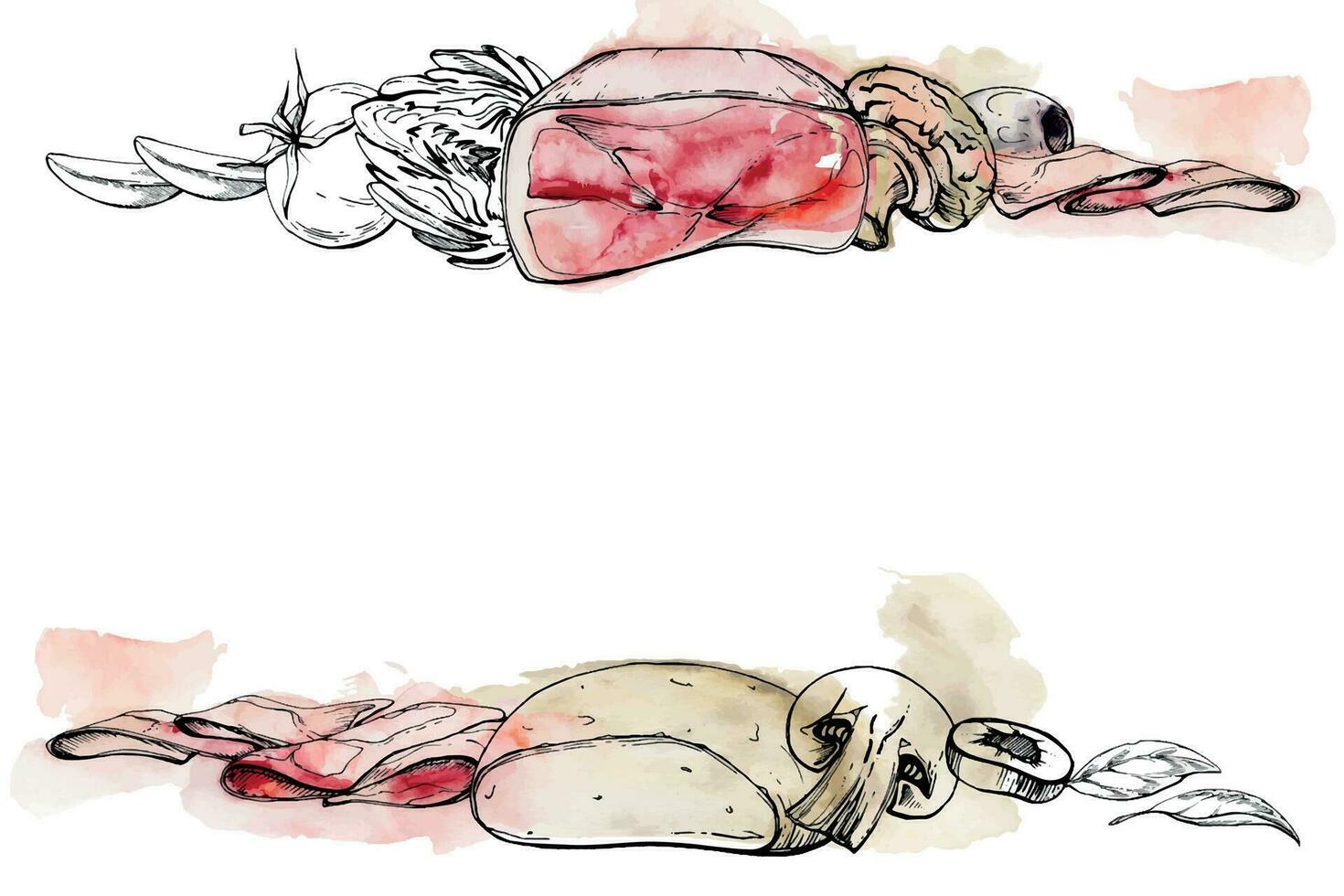 mão desenhado aguarela tinta ilustração. cogumelo mozzarella Alcachofra prosciutto tomate manjericão Oliva. canto quadro, Armação isolado em branco. Projeto restaurante, cardápio, cafeteria, Comida fazer compras ou pacote, folheto imprimir. vetor