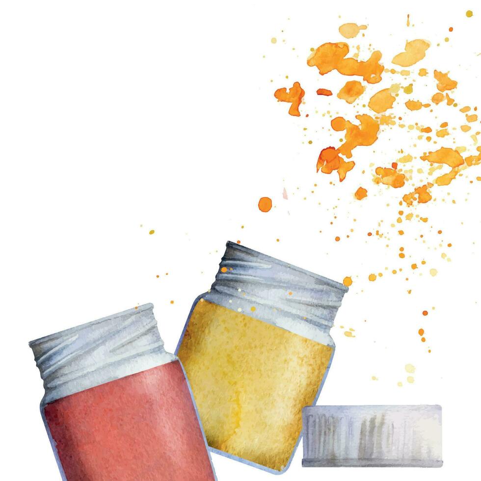 aguarela mão desenhado ilustração, crianças crianças pintura materiais suprimentos, vermelho amarelo guache acrílico tinta pintar, splash. composição isolado em branco. para escola, Jardim da infância, festa, cartões, fazer compras vetor