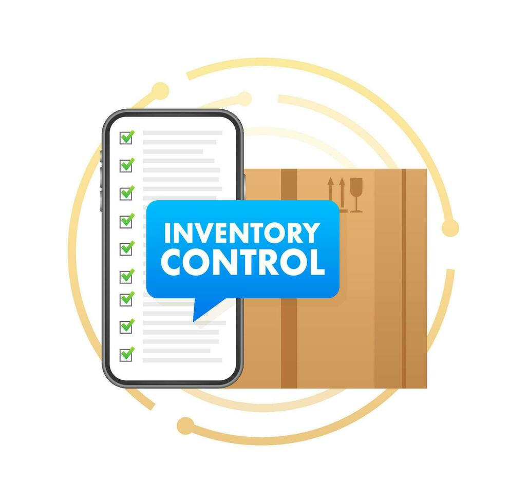 Smartphone com uma caixa em a tela com texto inventário ao controle em discurso bolha. inventário gerenciamento. vetor estoque ilustração