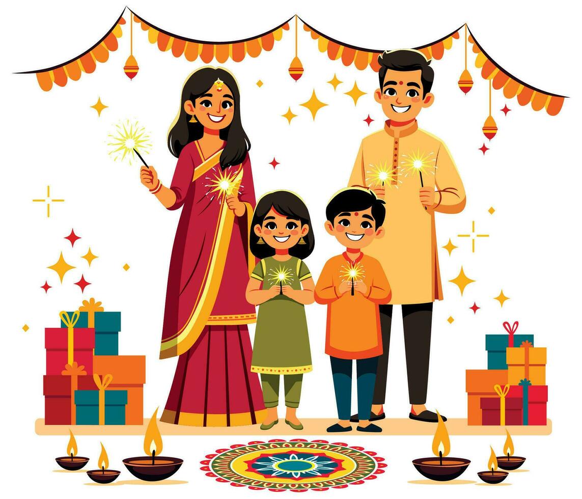 indiano família a comemorar diwali vetor