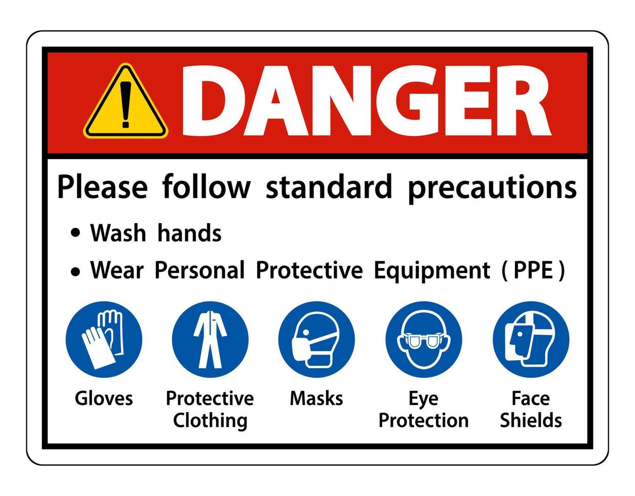 perigo siga as precauções padrão, lave as mãos, use equipamento de proteção pessoal ppe, luvas, roupas de proteção, máscaras de proteção para os olhos, proteção facial vetor