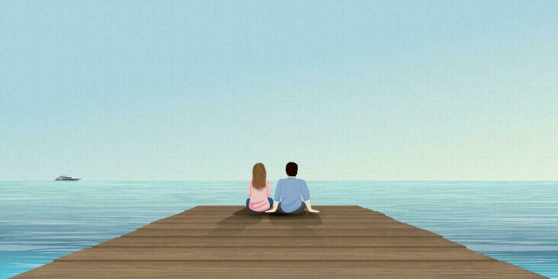 casal do amante sentado em a cais ter tropical azul mar e azul céu fundo vetor ilustração. lua de mel conceito ilustrar poster ter em branco espaço.