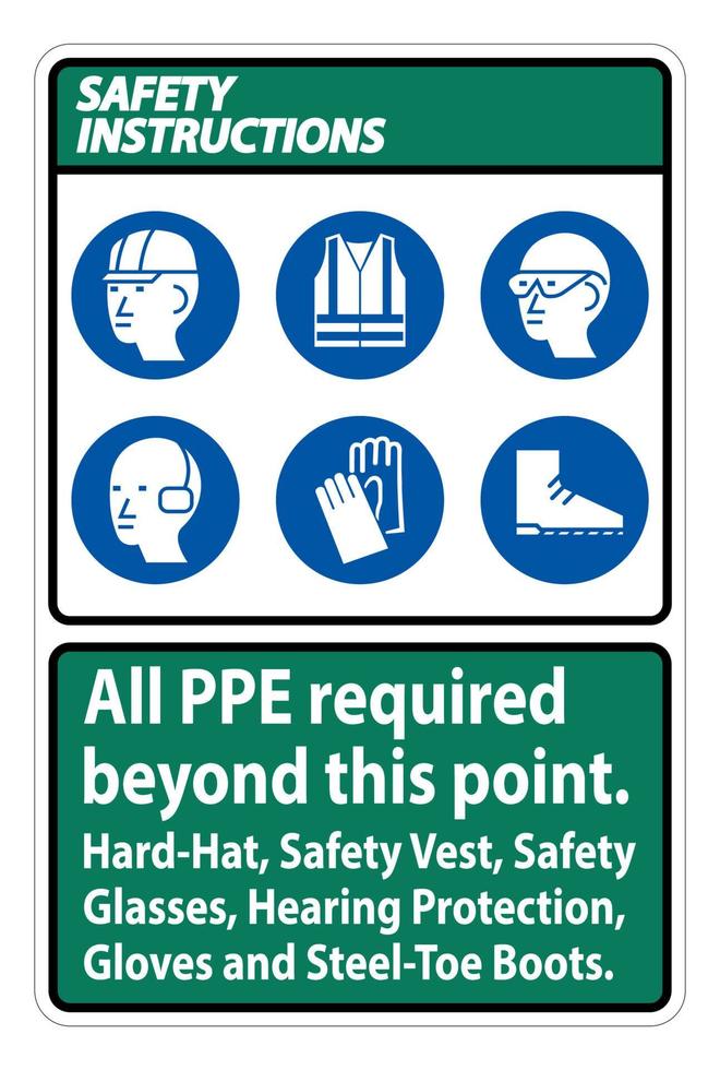 instruções de segurança ppe exigidas além deste ponto. capacete, colete de segurança, óculos de segurança, proteção auditiva vetor