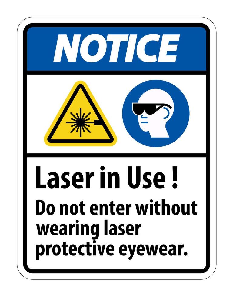 aviso aviso etiqueta de segurança ppe, laser em uso não entre sem usar óculos de proteção a laser vetor