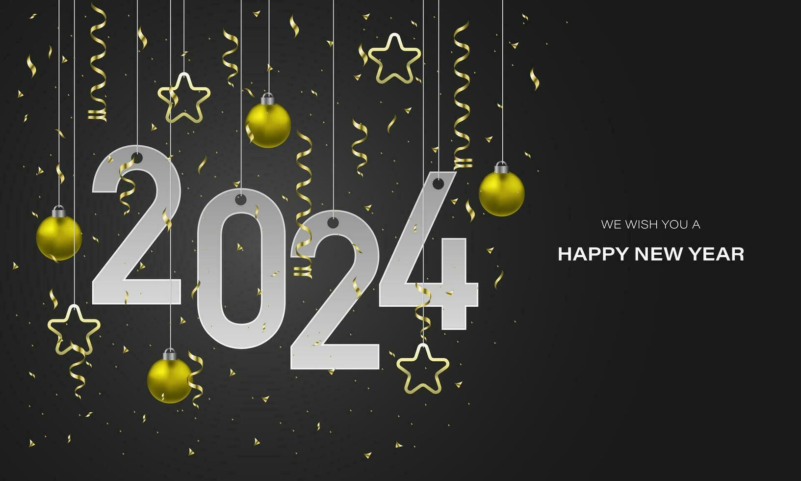 feliz Novo ano 2024 branco papel número dourado estrelas bola fita em Sombrio cinzento luxo Projeto para feriado festival celebração contagem regressiva fundo vetor