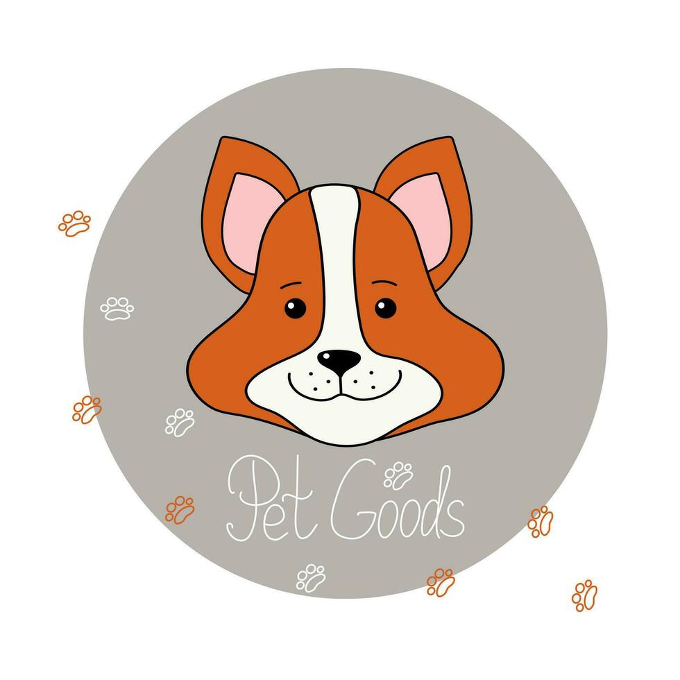 bens animais de estimação. focinho fofa desenho animado cachorro. anúncio, emblema. produtos, animal comida, desenho. caligrafia, mão rotulação. pata imprimir. fofa cachorro corgi raça. bandeira, logotipo. vetor