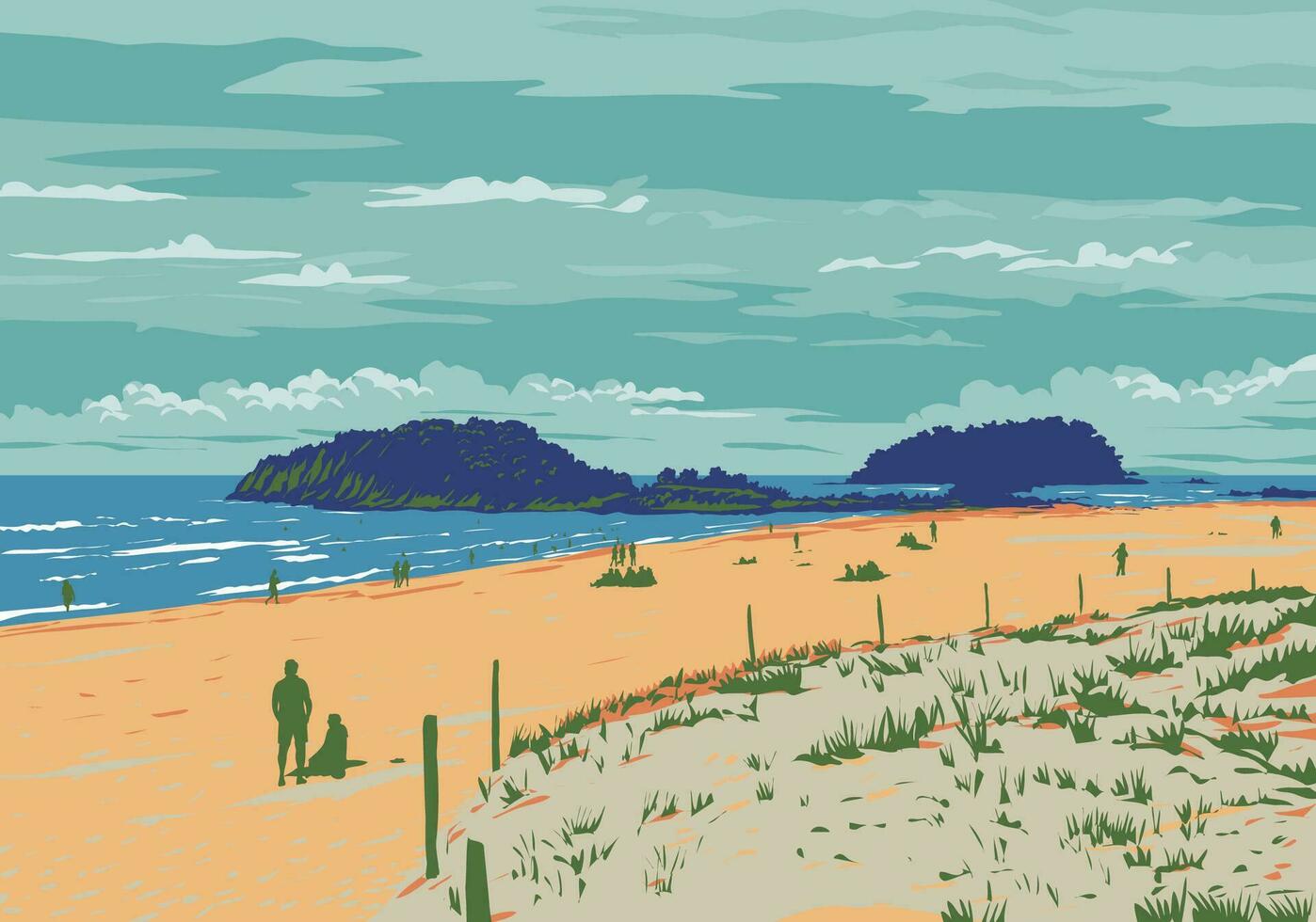 surfar de praia dentro montar maunganui baía do bastante Novo zelândia wpa poster arte vetor