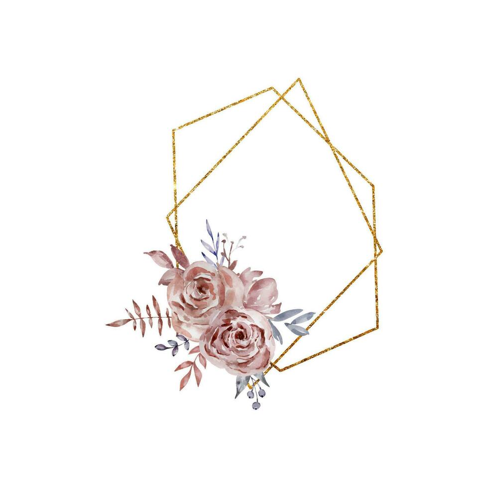 geométrico dourado quadro, Armação com aguarela rosas vetor