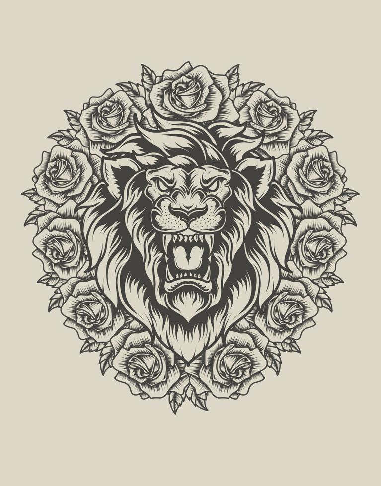 ilustração de cabeça de leão com estilo monocromático de flor rosa vetor